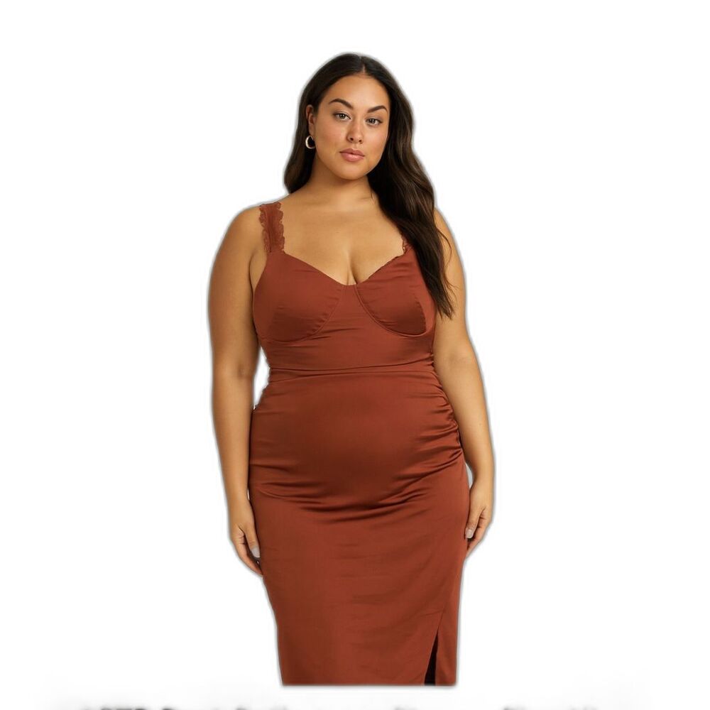ASTR Rust Satin Midi Dress with Lace Straps – Size XL